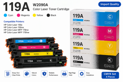 119A - Cyan / Magenta / Yellow / Black W2090A for Color Laser Toner 150a - 150nw - MFP 178nw - 179fnw Printer - Import