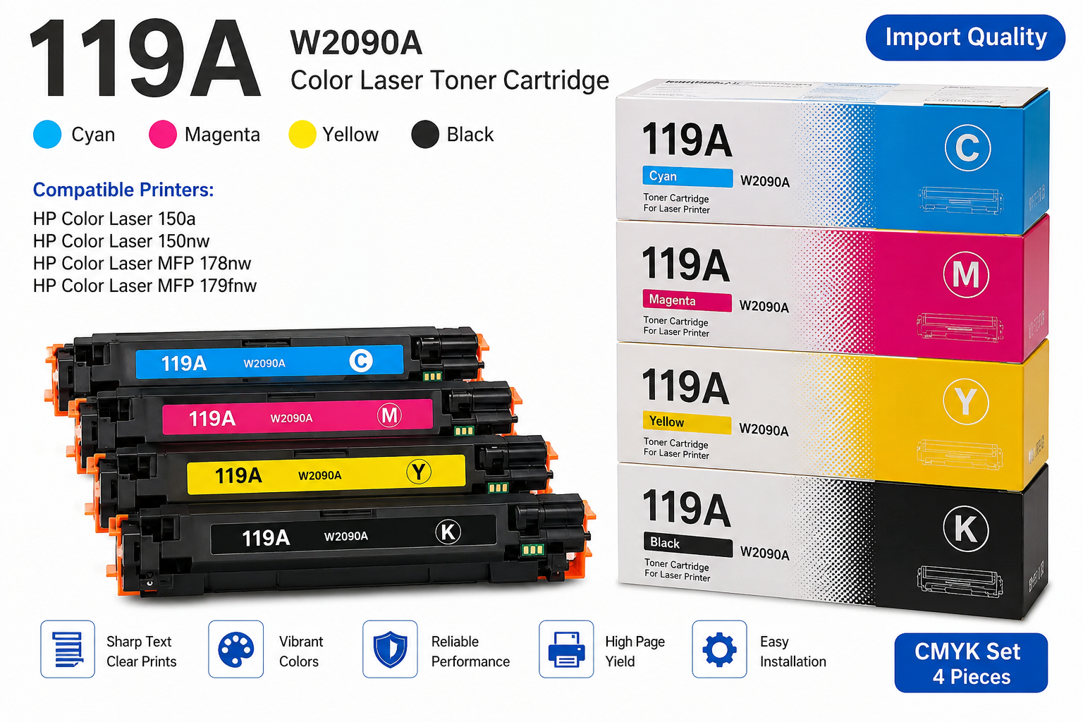 ChatGPT Image Jul 7, 2026, 10_29_56 PM 119A - Cyan / Magenta / Yellow / Black W2090A for Color Laser Toner 150a - 150nw - MFP 178nw - 179fnw Printer - Import